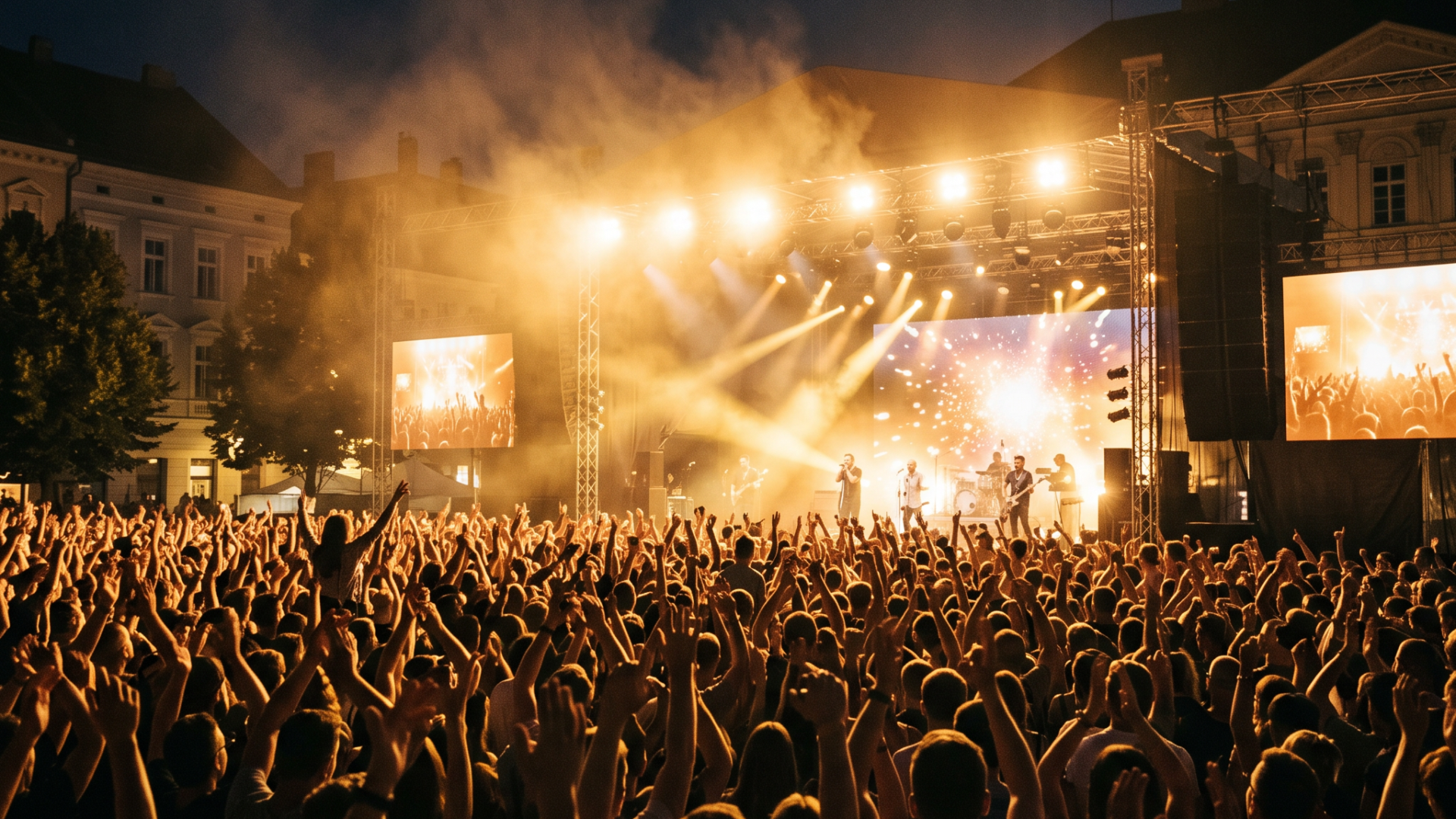 Koncert na otvorenom tokom Rumskog kulturnog leta — publika ispred bine na gradskom trgu uveče